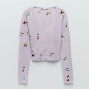Zara lilac floral embroidery knit cardigan